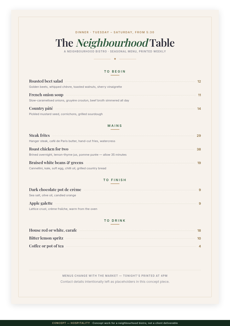 Concept — Hospitality: one-page bistro dinner menu with gold rules and dotted price leaders.