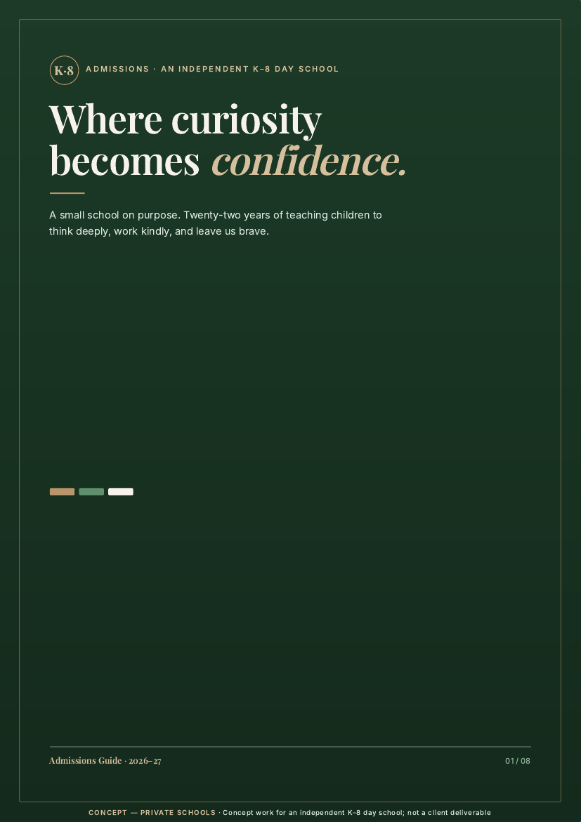 Concept — Private Schools: 8-page admissions brochure cover in forest green and gold.