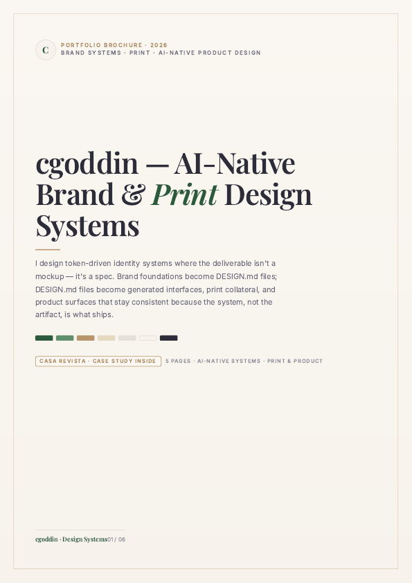 Six-page portfolio brochure cover: 'cgoddin — AI-Native Brand & Print Design Systems'.