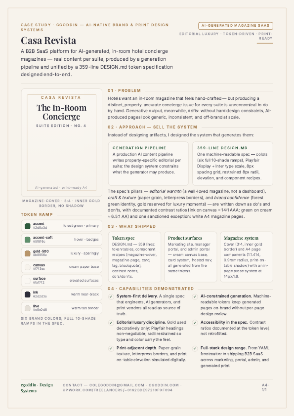Casa Revista case study page: magazine cover component, token ramp, and the design-system write-up.
