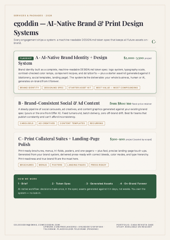 One-page offers sheet listing the three fixed-price service packages.