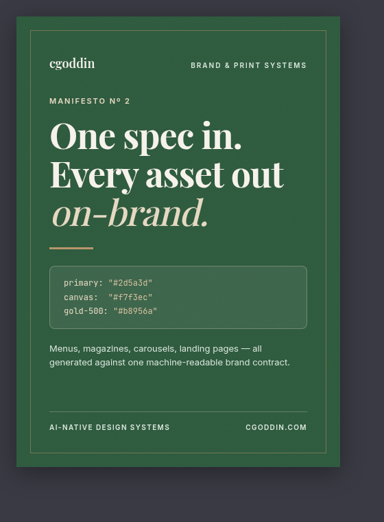 Poster 2 — 'One spec in. Every asset out.' Manifesto Nº 2.